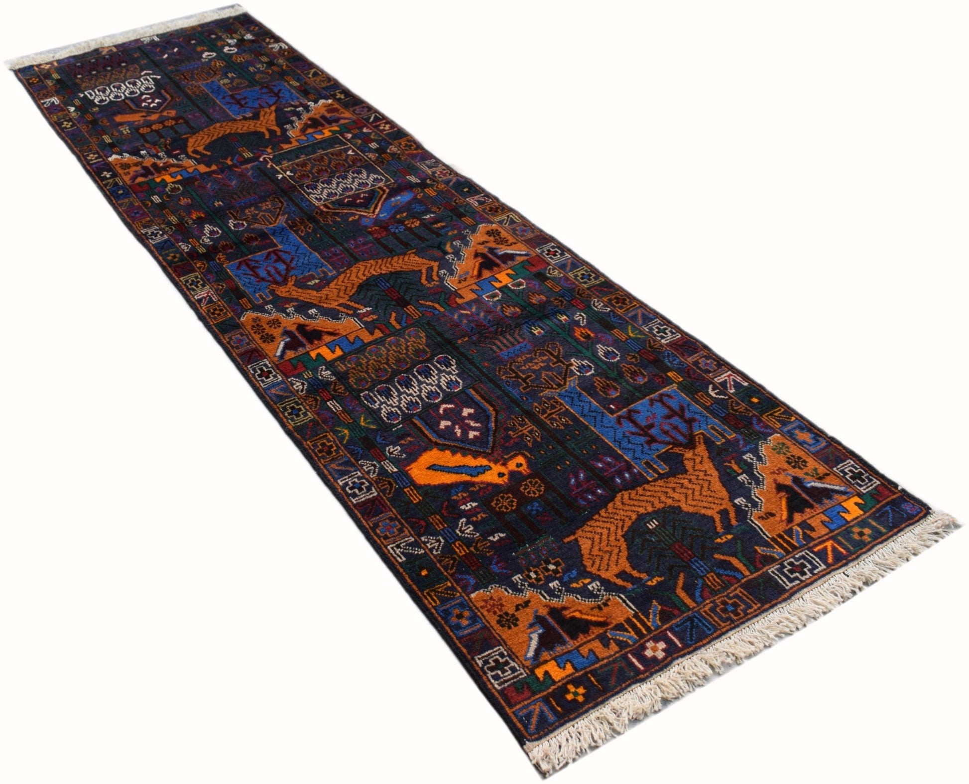 Handmade Afghan wool runner rug featuring a dark blue background with a traditional hunting scene.