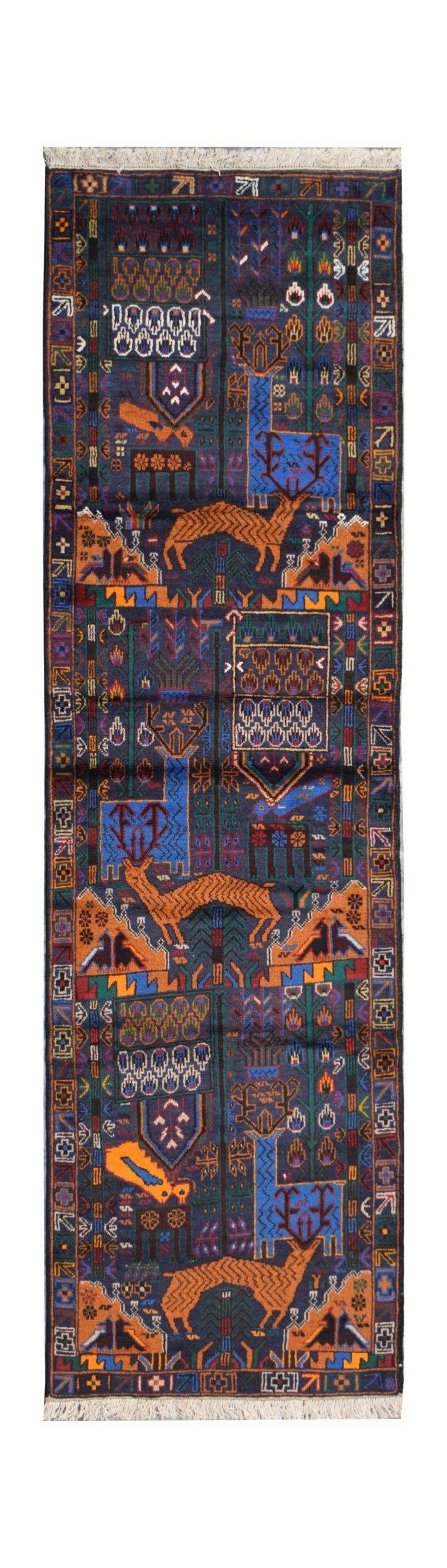 Handmade Afghan wool runner rug featuring a dark blue field with a traditional hunting scene.