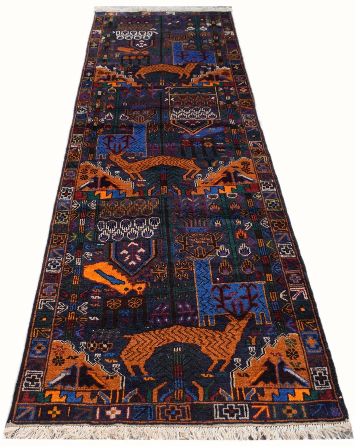 Handmade Afghan wool runner rug featuring a dark blue background with a traditional hunting scene.