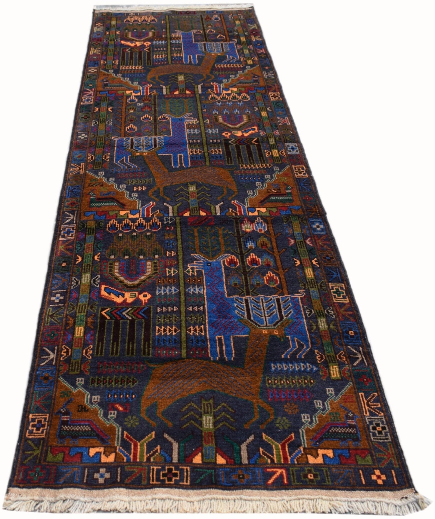 Handmade Afghan wool runner rug featuring a dark blue background with a traditional hunting scene.