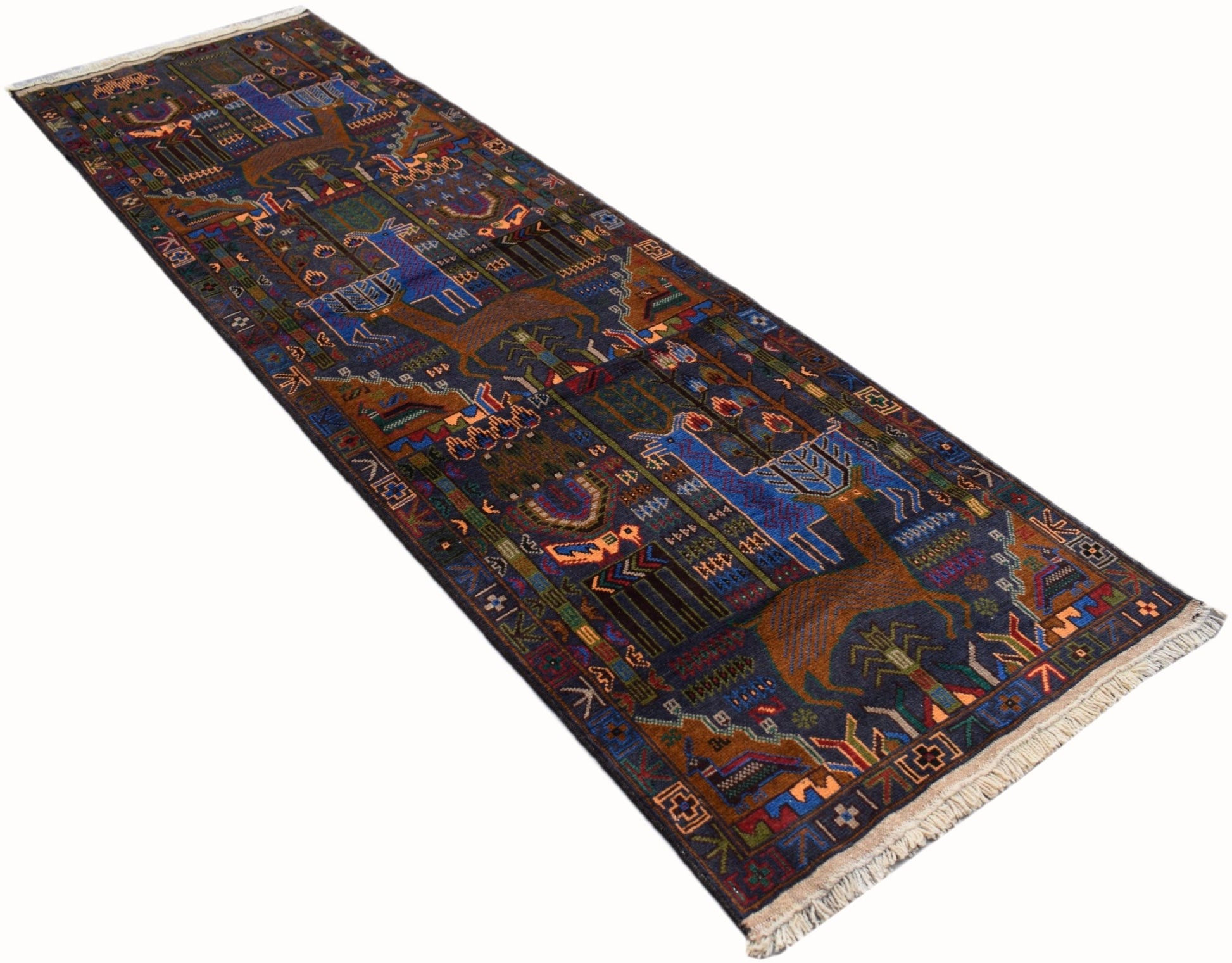 Handmade Afghan wool runner rug featuring a traditional hunting scene with deer and floral motifs.