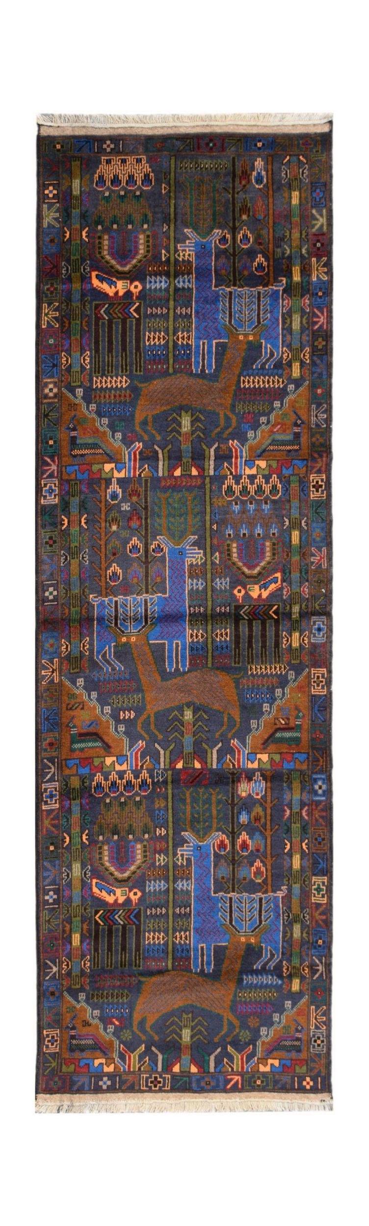 Handmade Afghan wool runner rug featuring a repeating hunting scene with blue deer on dark blue.