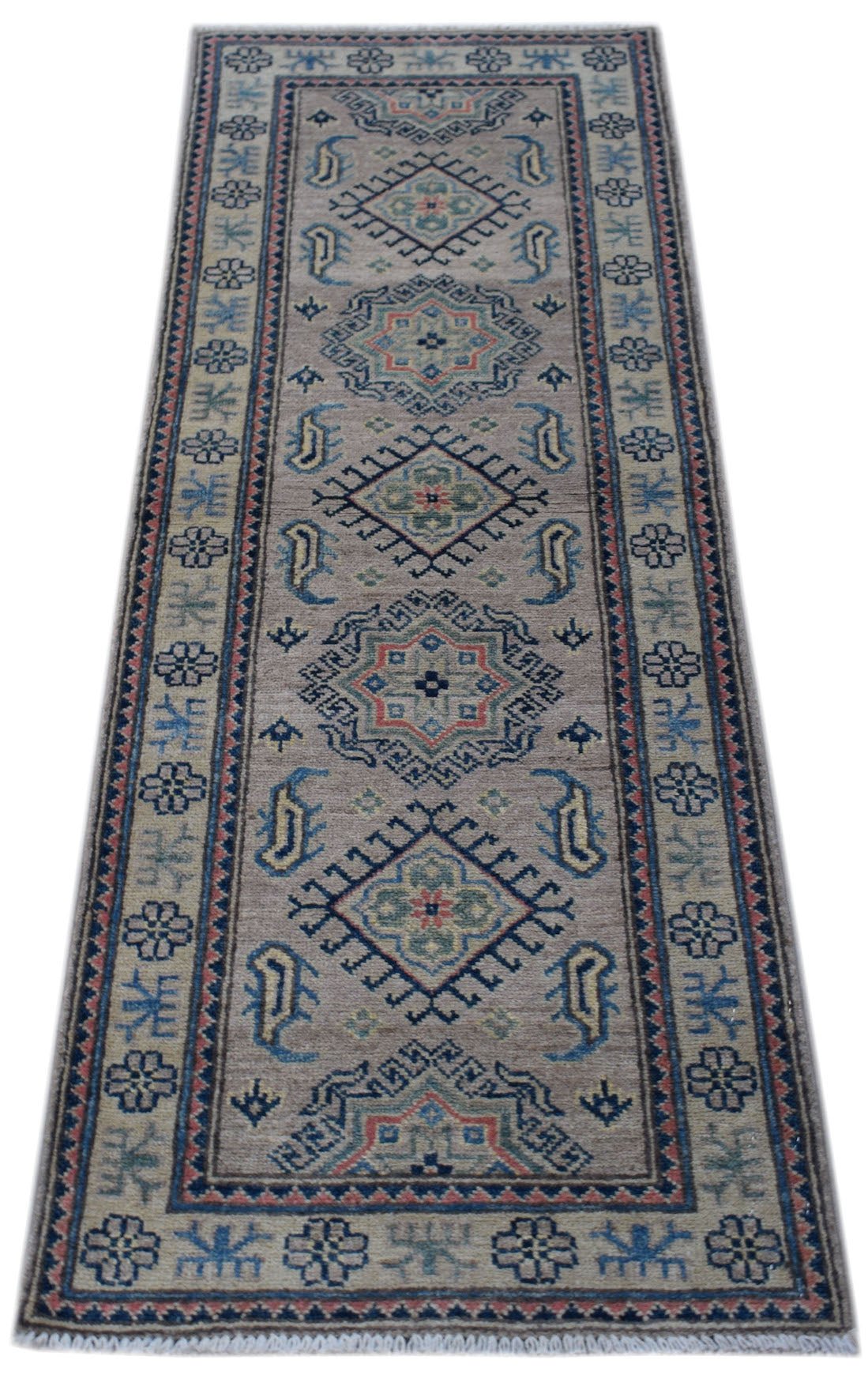 Handmade Afghan Kazakh runner rug featuring traditional geometric motifs in blue and red on beige.