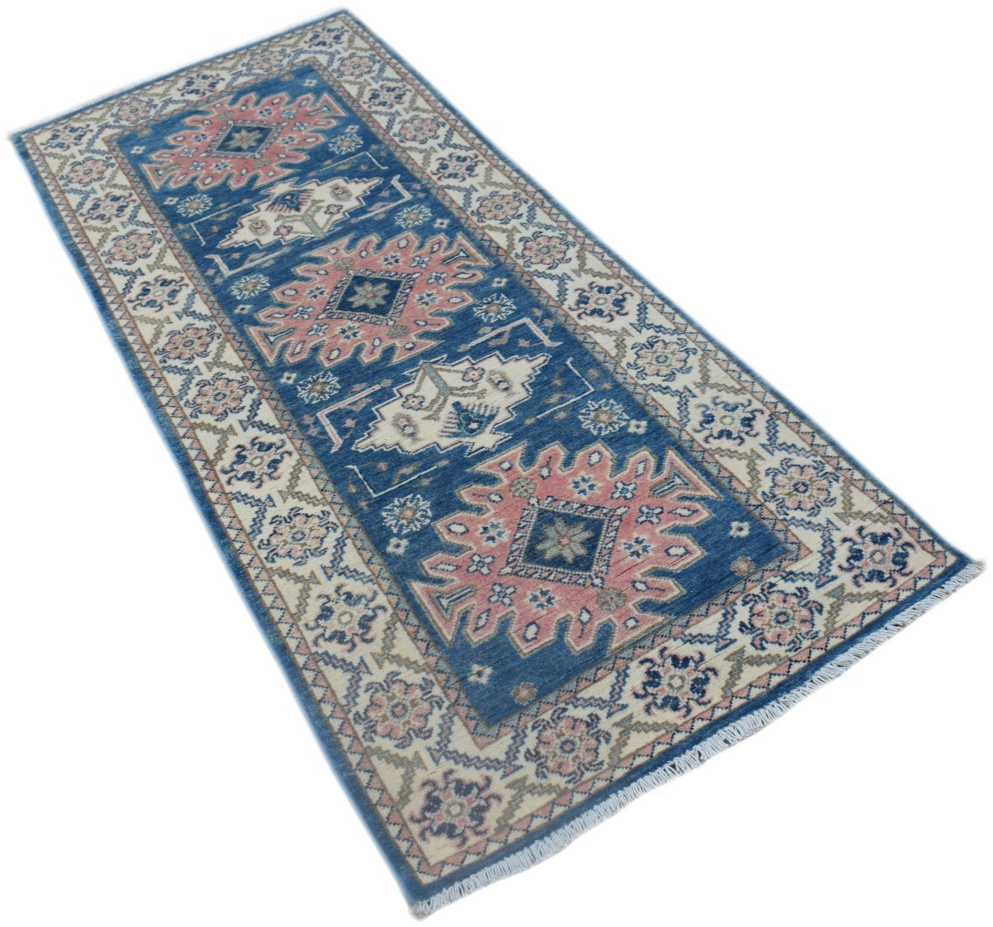 A handmade Afghan Kazakh runner rug featuring traditional geometric motifs in blue, pink, and cream.