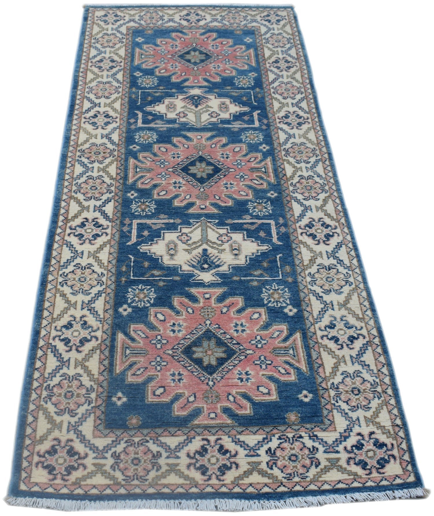 Handmade Afghan Kazakh runner rug featuring traditional geometric motifs in blue, pink, and cream.