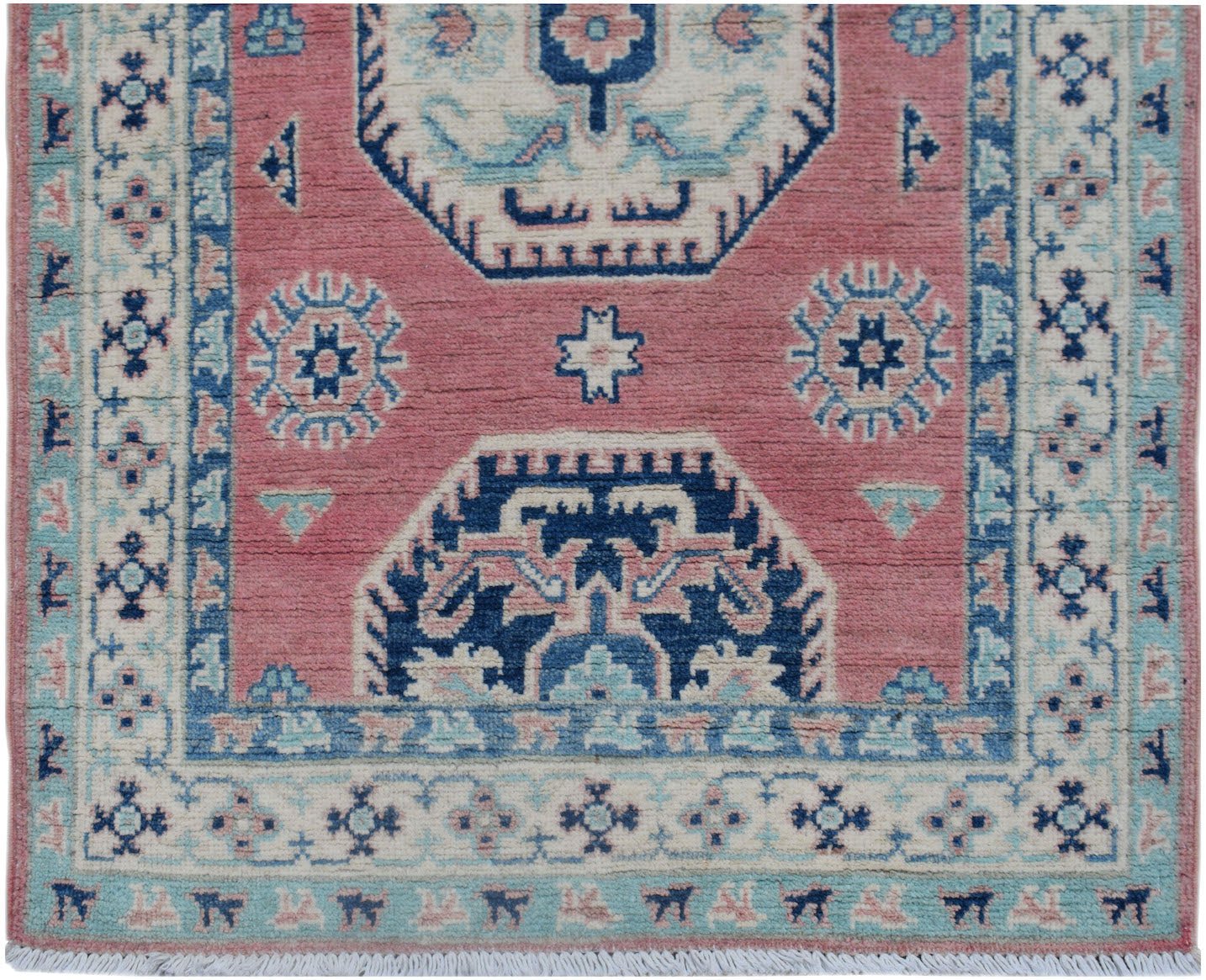Handmade Afghan Kazakh runner rug featuring traditional geometric motifs in pink and blue.