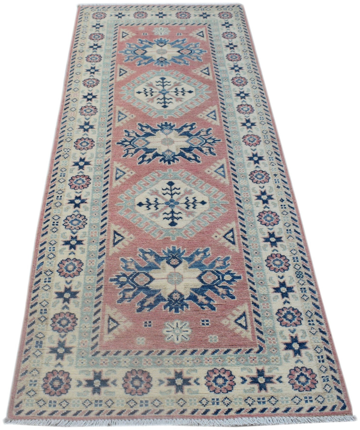 A handmade Afghan Kazakh runner rug featuring traditional geometric motifs in pink, blue, and cream.