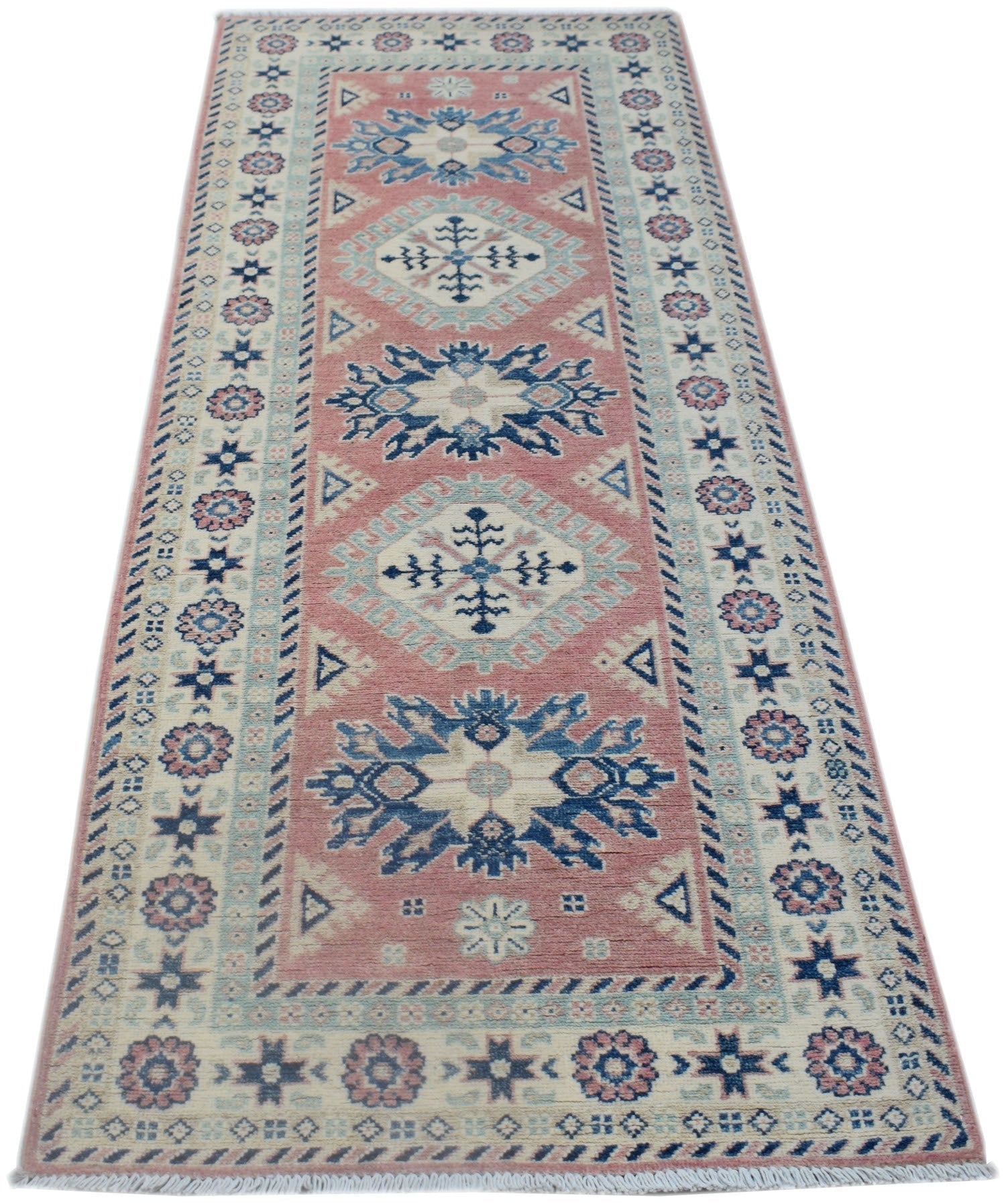 A handmade Afghan Kazakh runner rug featuring traditional geometric motifs in pink, blue, and cream.