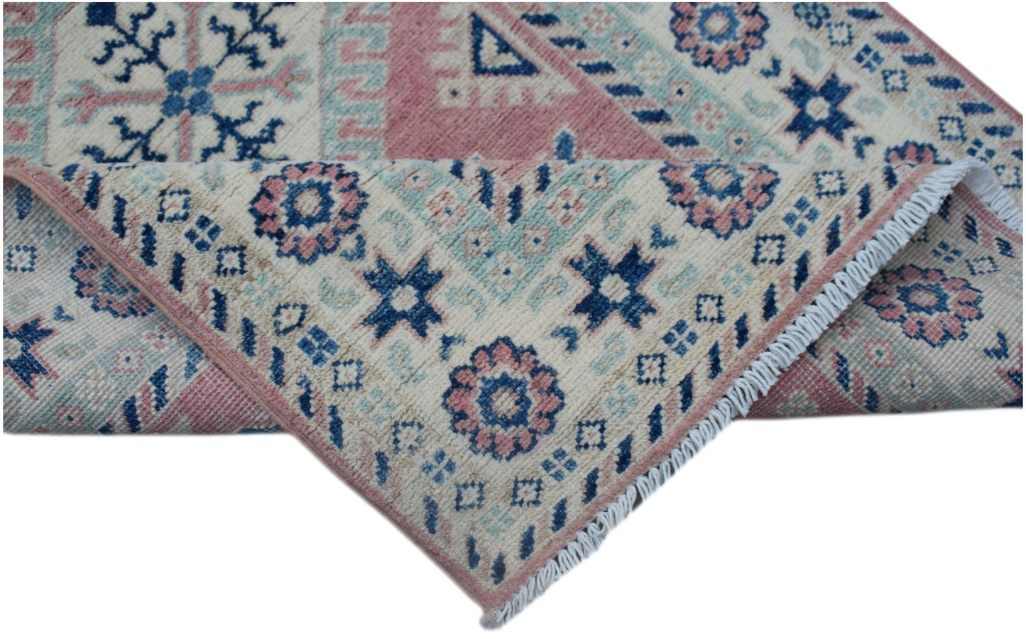 A handmade Afghan Kazakh runner featuring traditional geometric motifs in blue, pink, and cream.