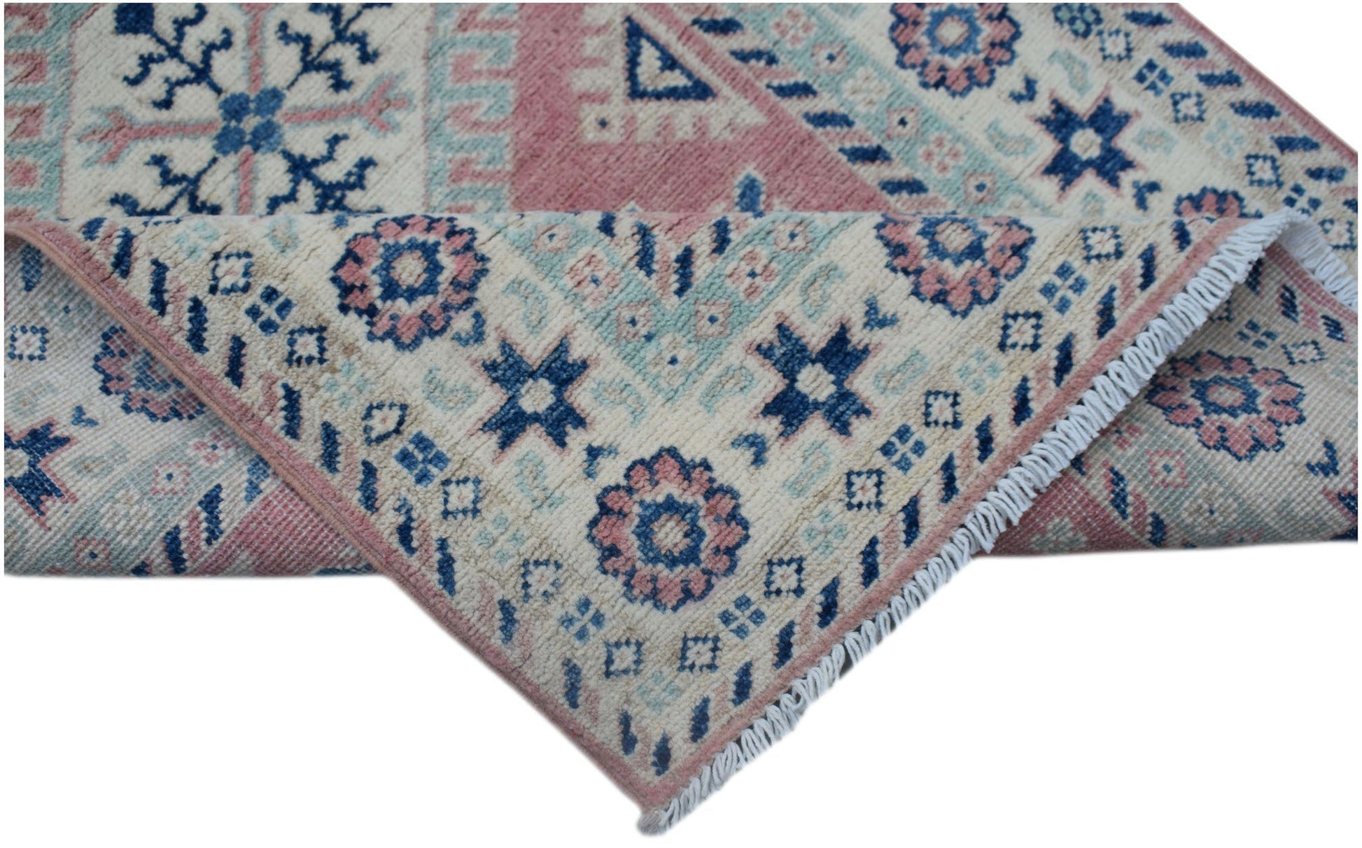 A handmade Afghan Kazakh runner featuring traditional geometric motifs in blue, pink, and cream.