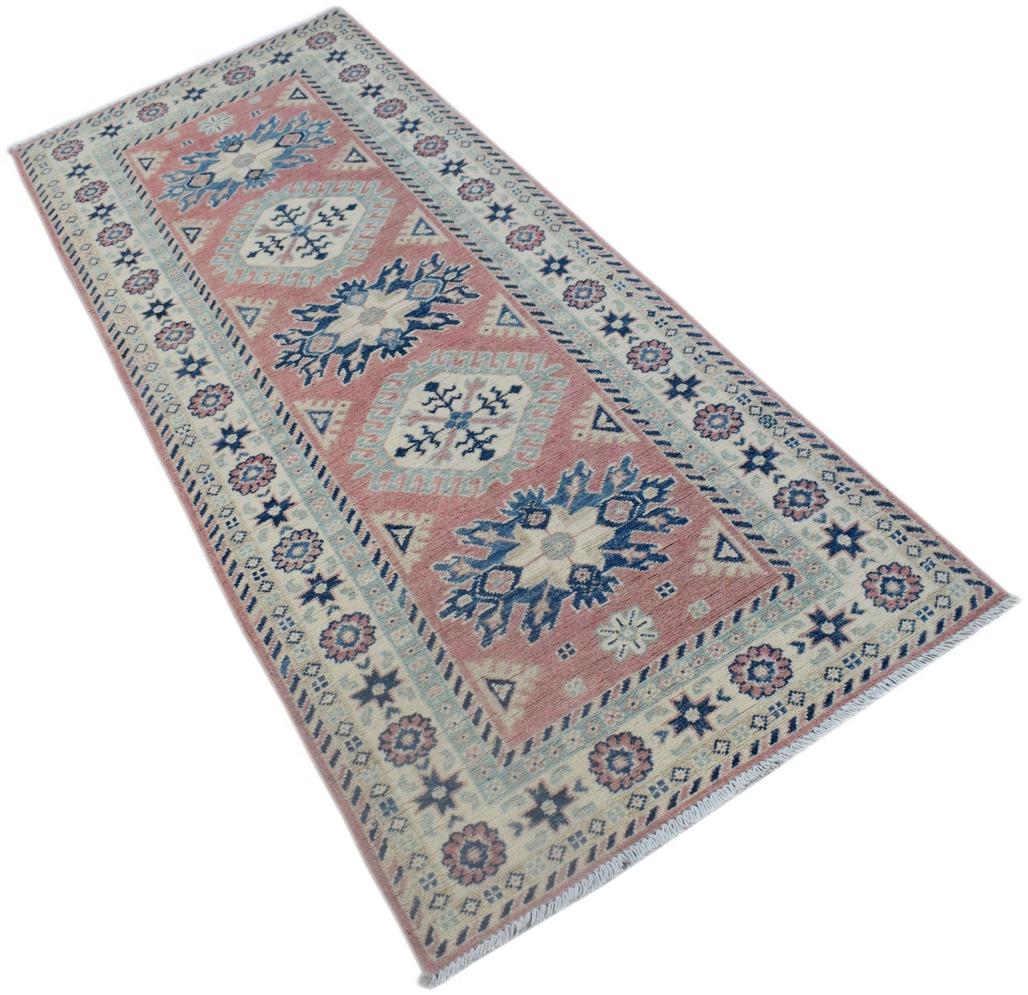 A handmade Afghan Kazakh runner rug featuring traditional geometric motifs in pink and blue tones.