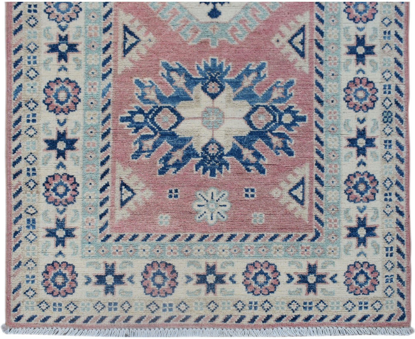 Handmade Afghan Kazakh runner rug featuring traditional geometric motifs in pink, blue, and cream.