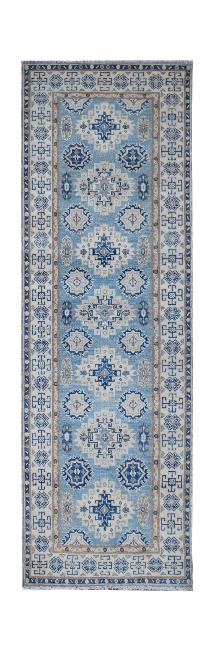Handmade Afghan Kazakh runner rug featuring a geometric pattern in shades of blue and beige.