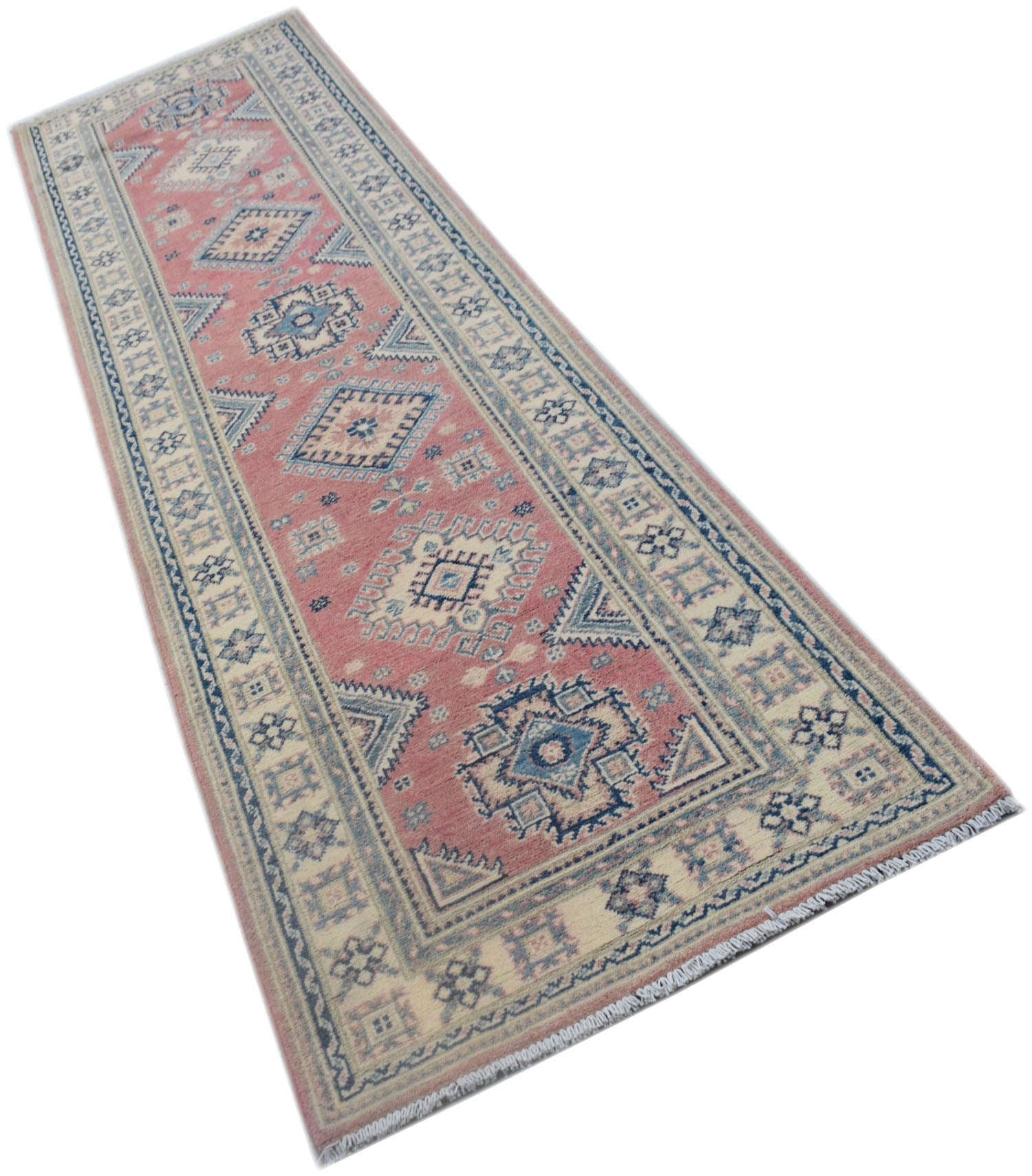 A handmade Afghan Kazakh runner rug featuring traditional geometric motifs in pink and blue tones.