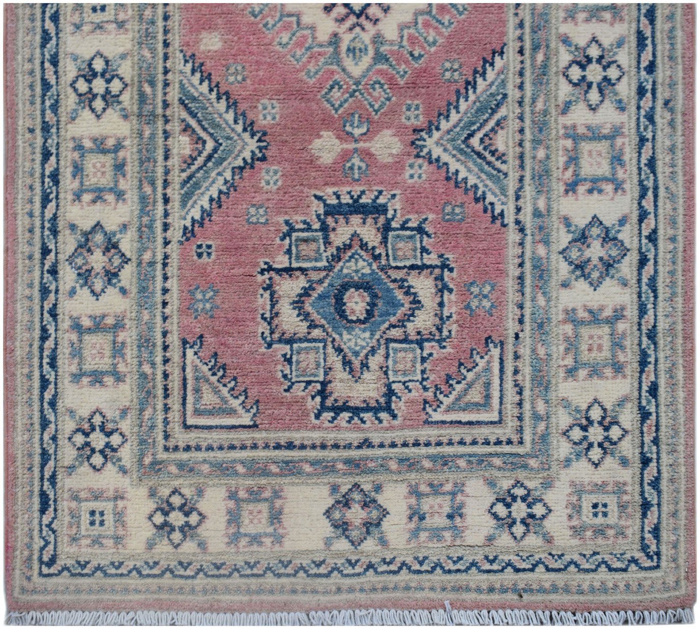 Handmade Afghan Kazakh runner rug featuring traditional geometric motifs in pink, blue, and cream.
