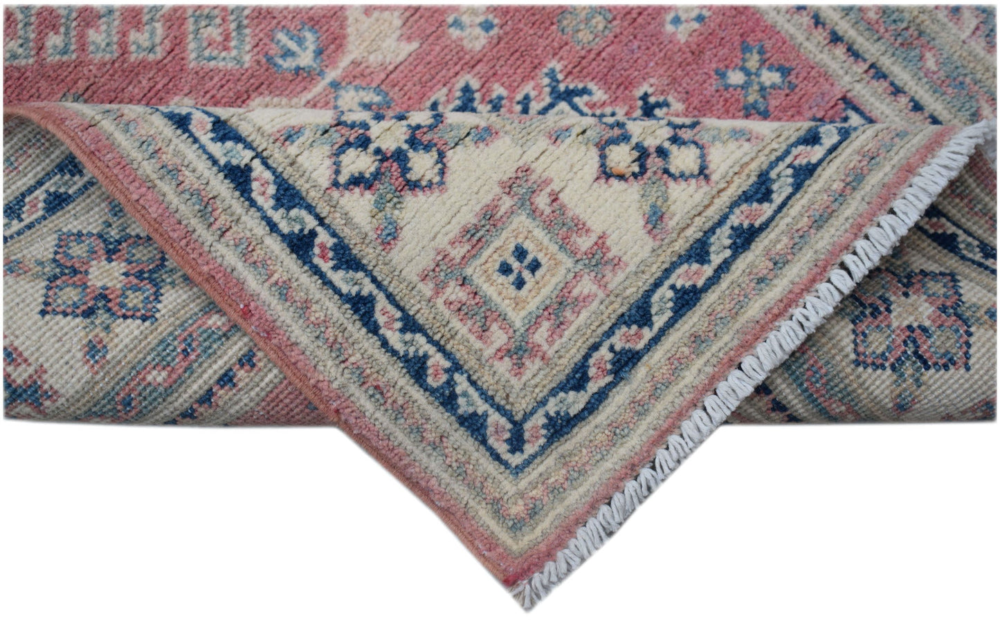 A handmade Afghan Kazakh runner featuring traditional geometric motifs in pink, blue, and cream.