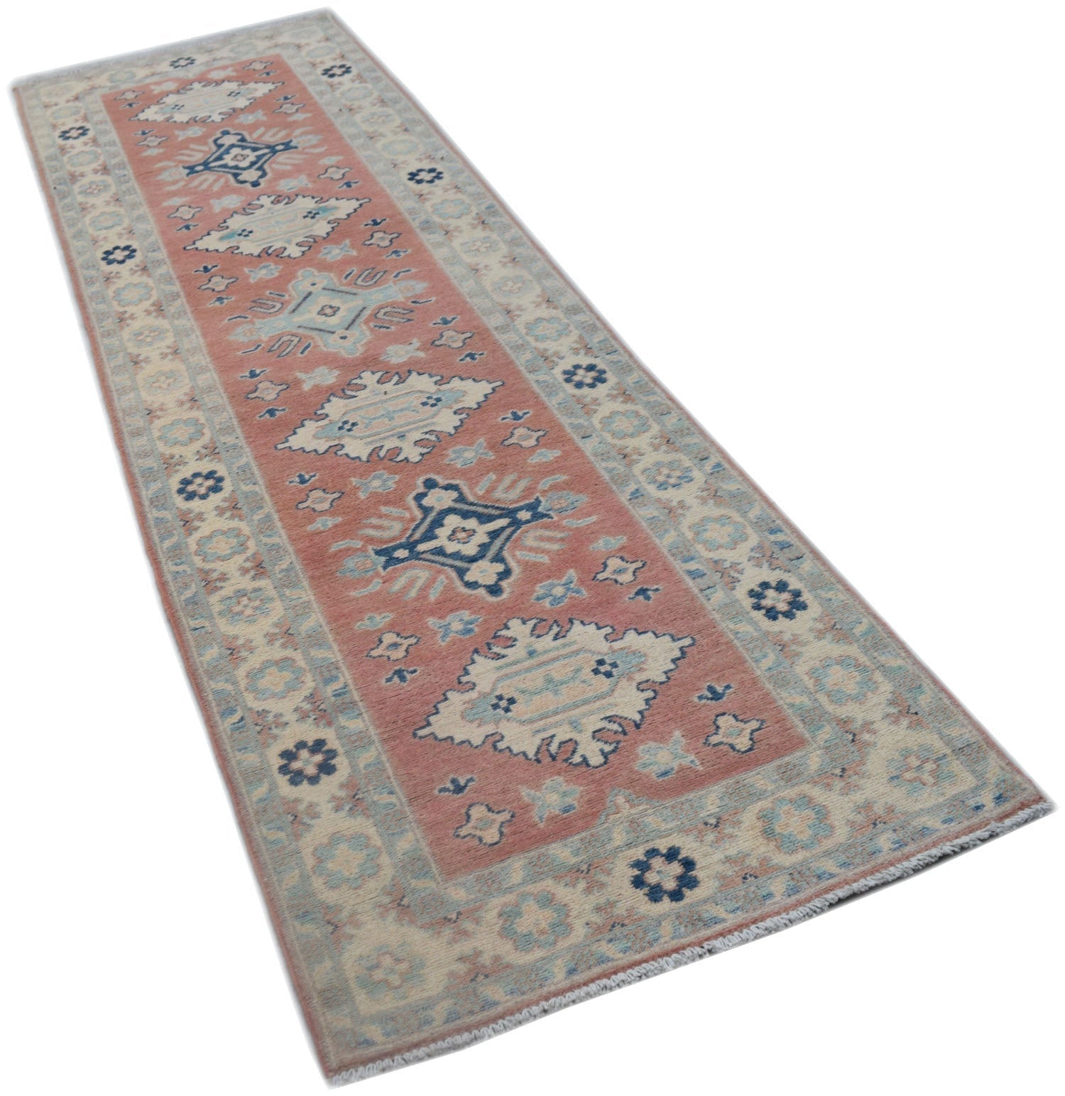 A handmade Afghan Kazakh runner rug featuring traditional geometric motifs in red, blue, and cream.