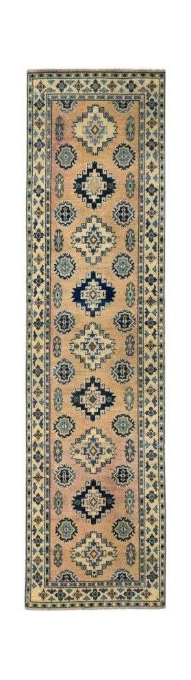 A handmade Afghan Kazakh runner rug featuring geometric diamond motifs in beige, blue, and grey.