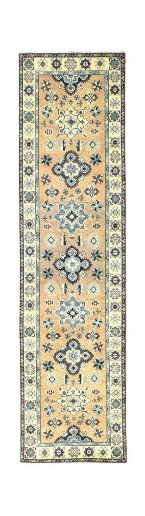 A handmade Afghan Kazakh runner rug featuring a beige field with blue and grey geometric motifs.