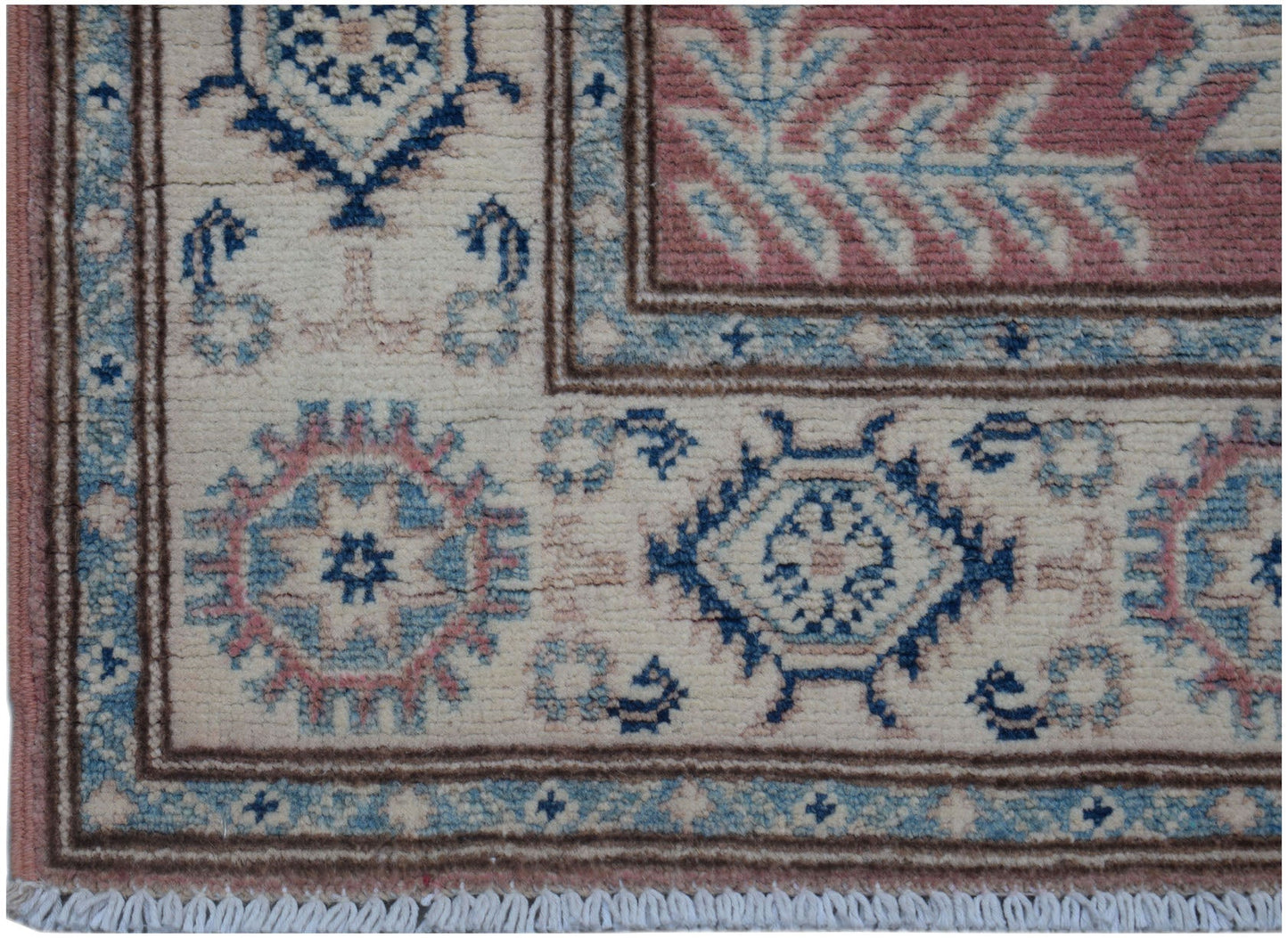 Handmade Afghan Kazakh runner featuring traditional geometric motifs in blue, pink, and cream.