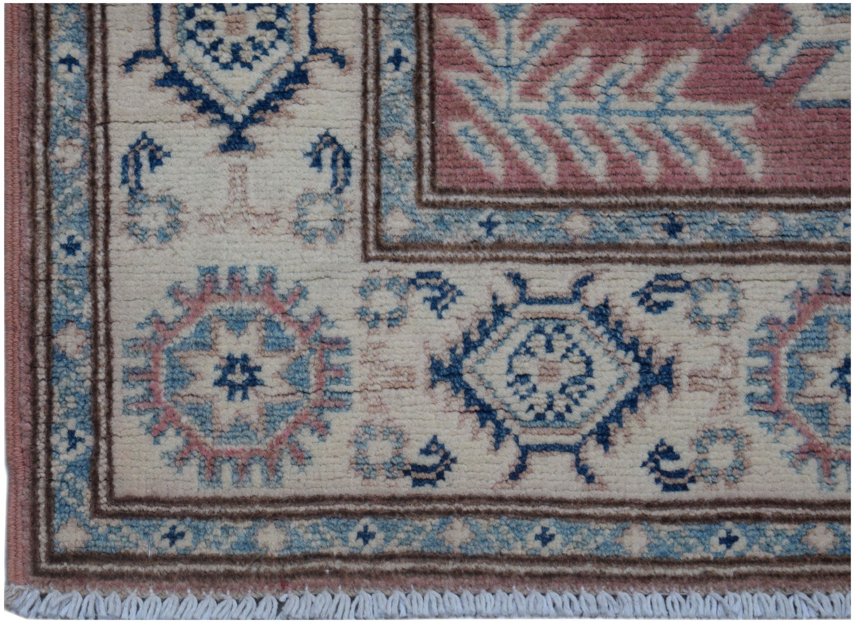 Handmade Afghan Kazakh runner featuring traditional geometric motifs in blue, pink, and cream.