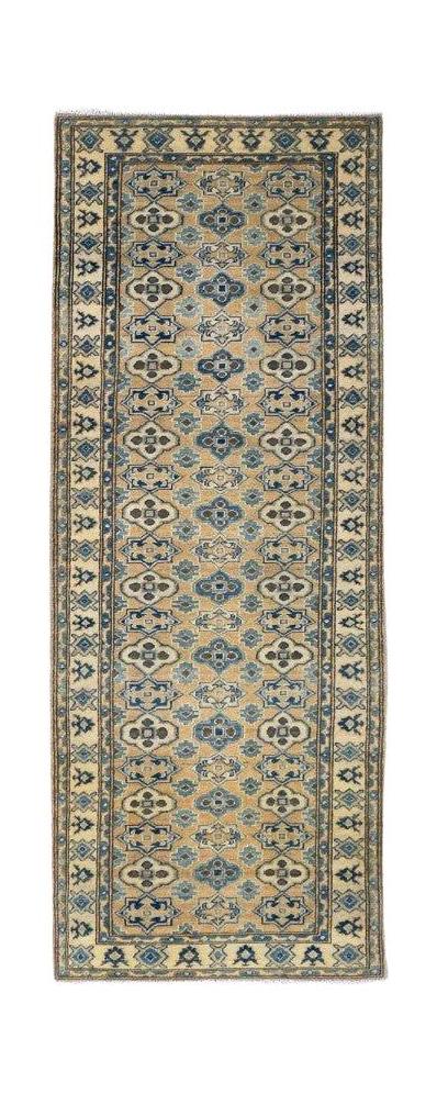 Handmade Afghan Kazakh runner rug featuring a geometric pattern in blue and tan wool.