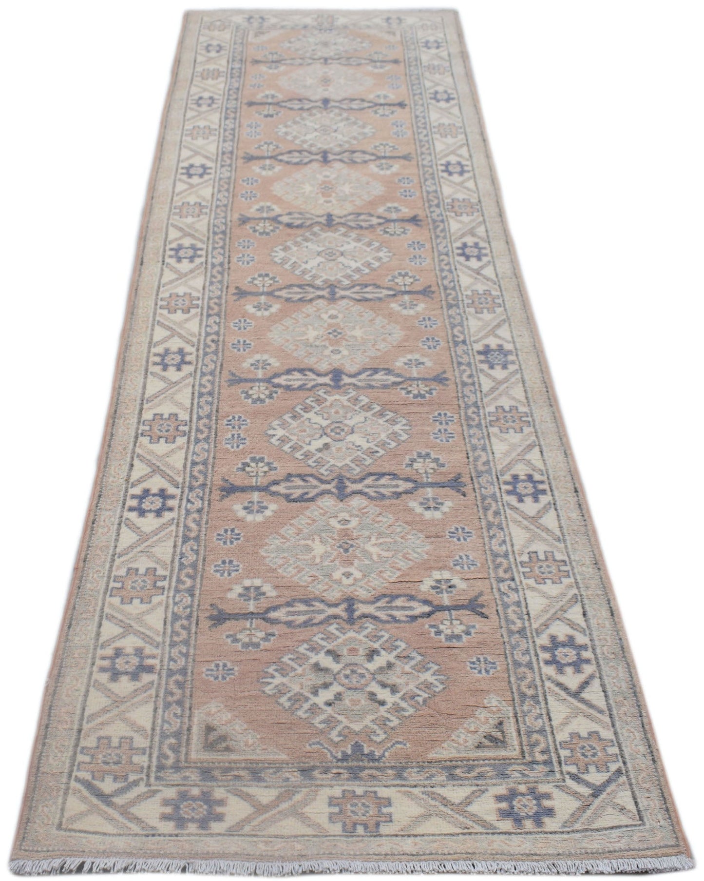 A handmade Afghan Kazakh runner rug featuring traditional geometric motifs in blue and beige.