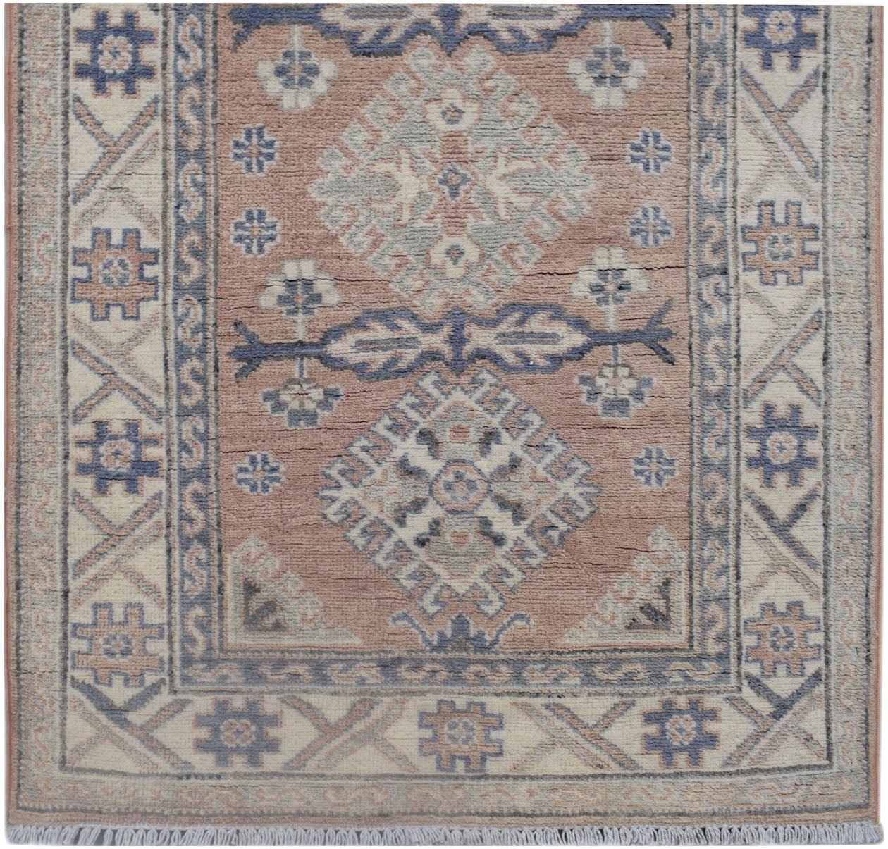 An Afghan Kazakh runner rug featuring traditional geometric motifs in muted pink and blue tones.