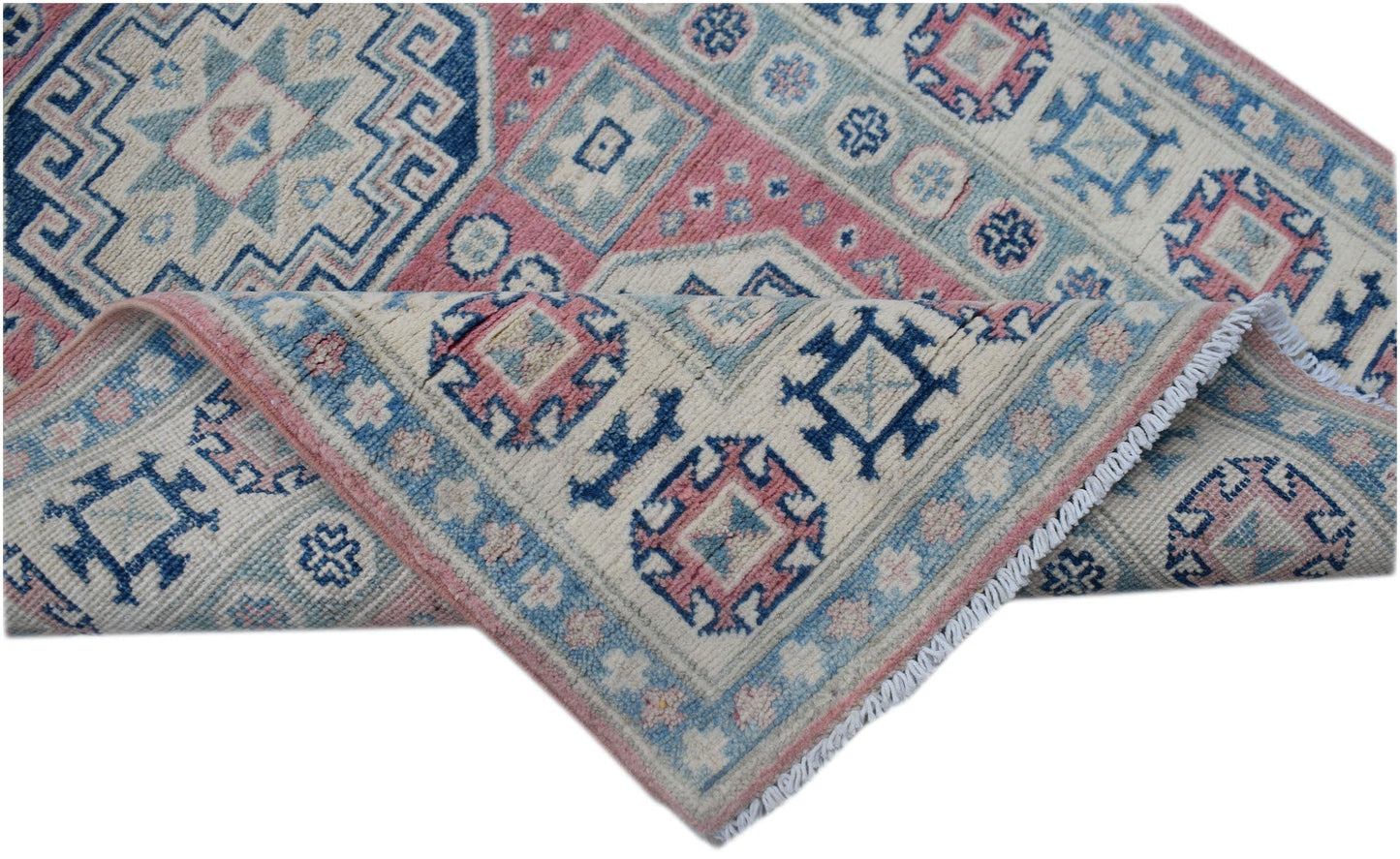 A handmade Afghan Kazakh runner featuring traditional geometric motifs in blue, pink, and cream.