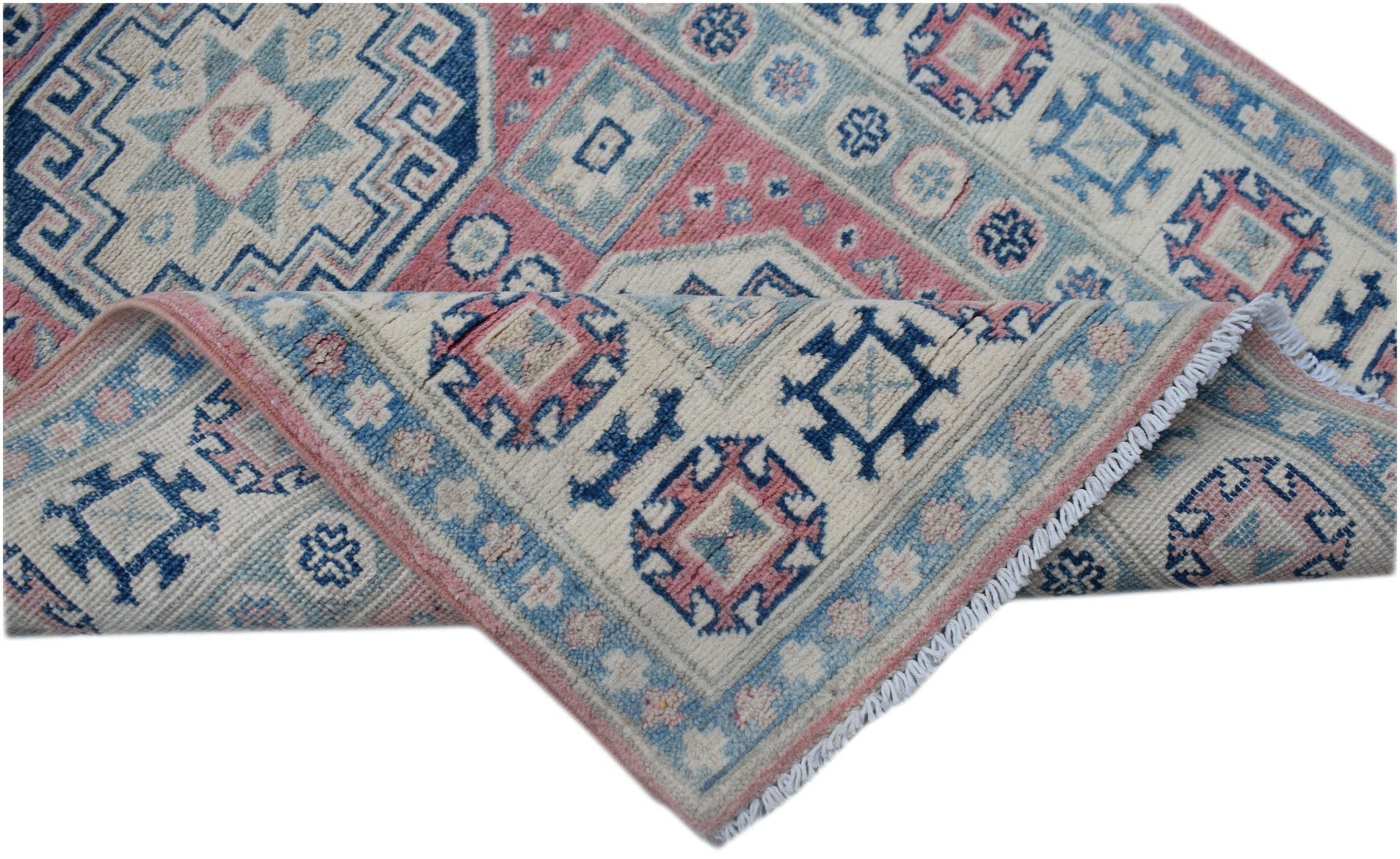 A handmade Afghan Kazakh runner featuring traditional geometric motifs in blue, pink, and cream.
