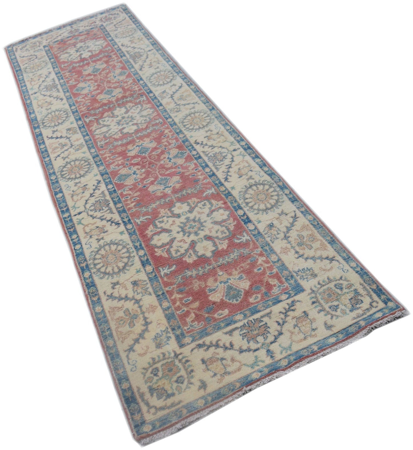Handmade Afghan Kazakh runner rug featuring traditional floral motifs in red, blue, and cream.