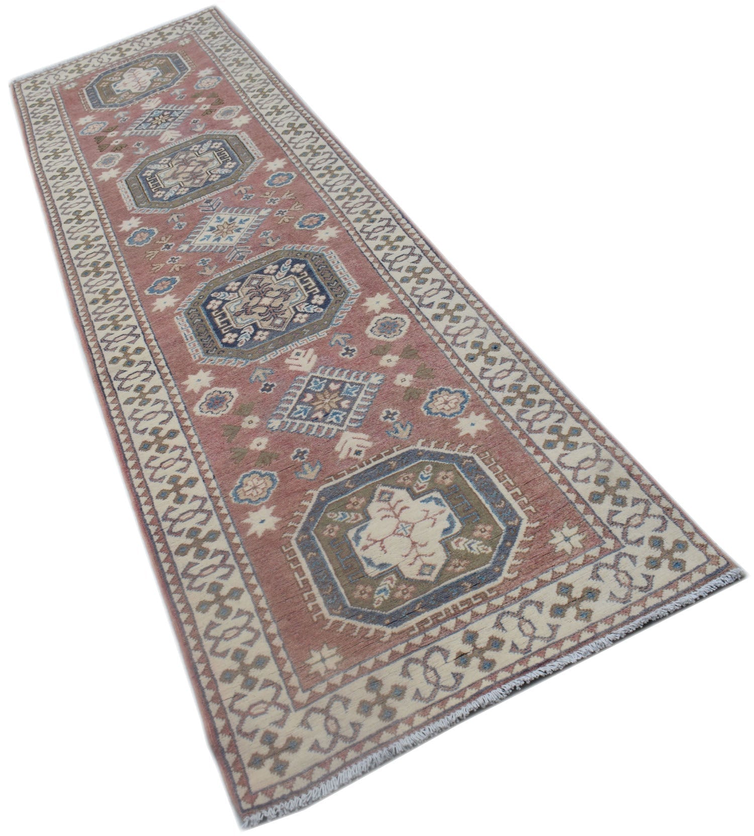 Handmade Afghan Kazakh runner rug featuring traditional geometric motifs in pink and blue tones.