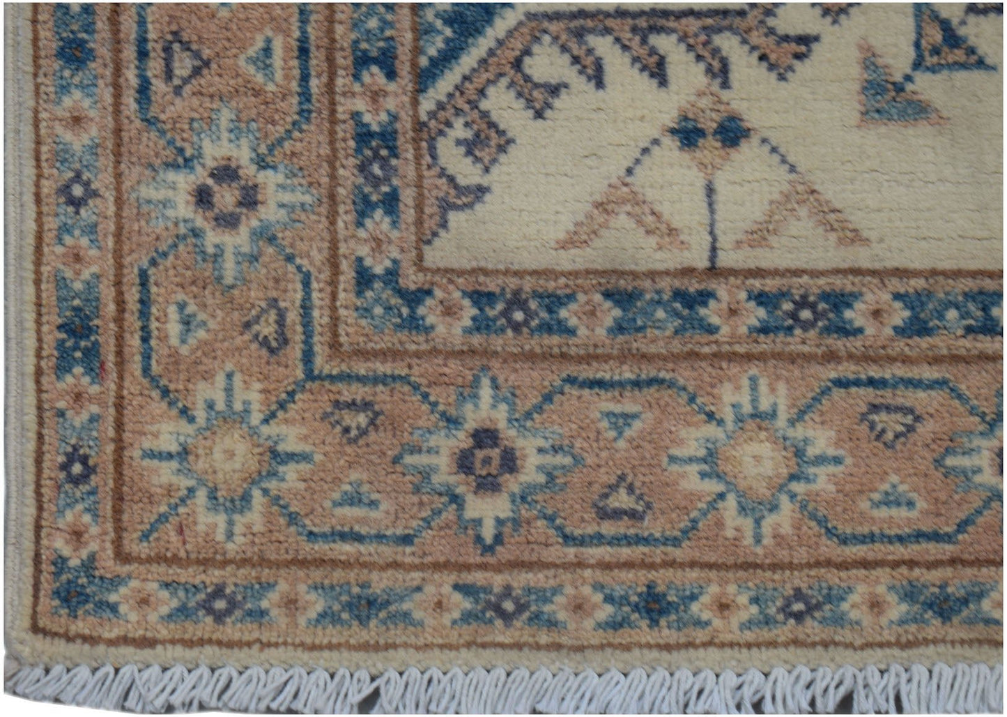 Handmade Afghan Kazakh runner featuring traditional geometric motifs in blue and beige wool.