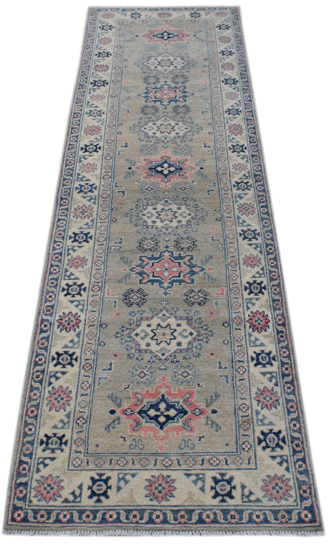 Handmade Afghan Kazakh runner rug featuring traditional geometric motifs in blue, pink, and beige.