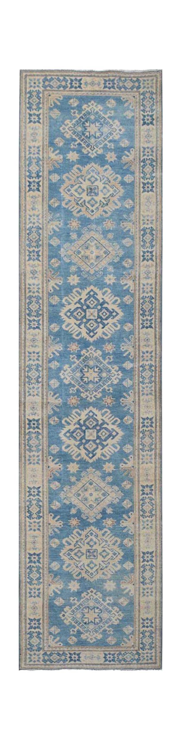 Handmade Afghan Kazakh runner rug featuring a blue field with beige geometric medallion patterns.