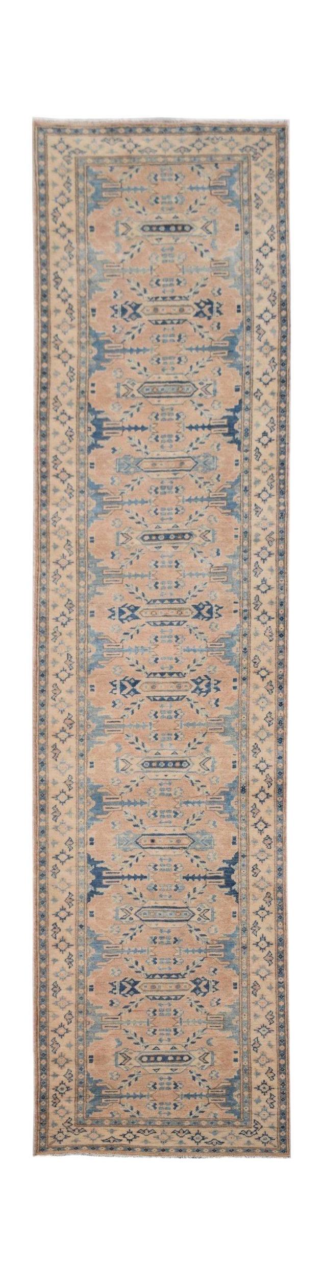 Handmade Afghan Kazakh runner rug featuring a geometric pattern in shades of beige and blue.