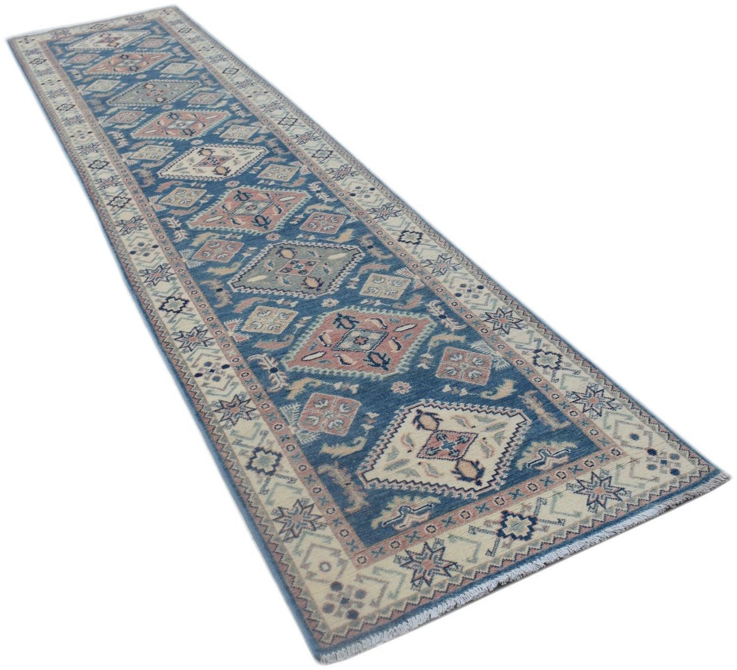 A handmade Afghan Kazakh runner rug featuring traditional geometric motifs in blue and cream tones.