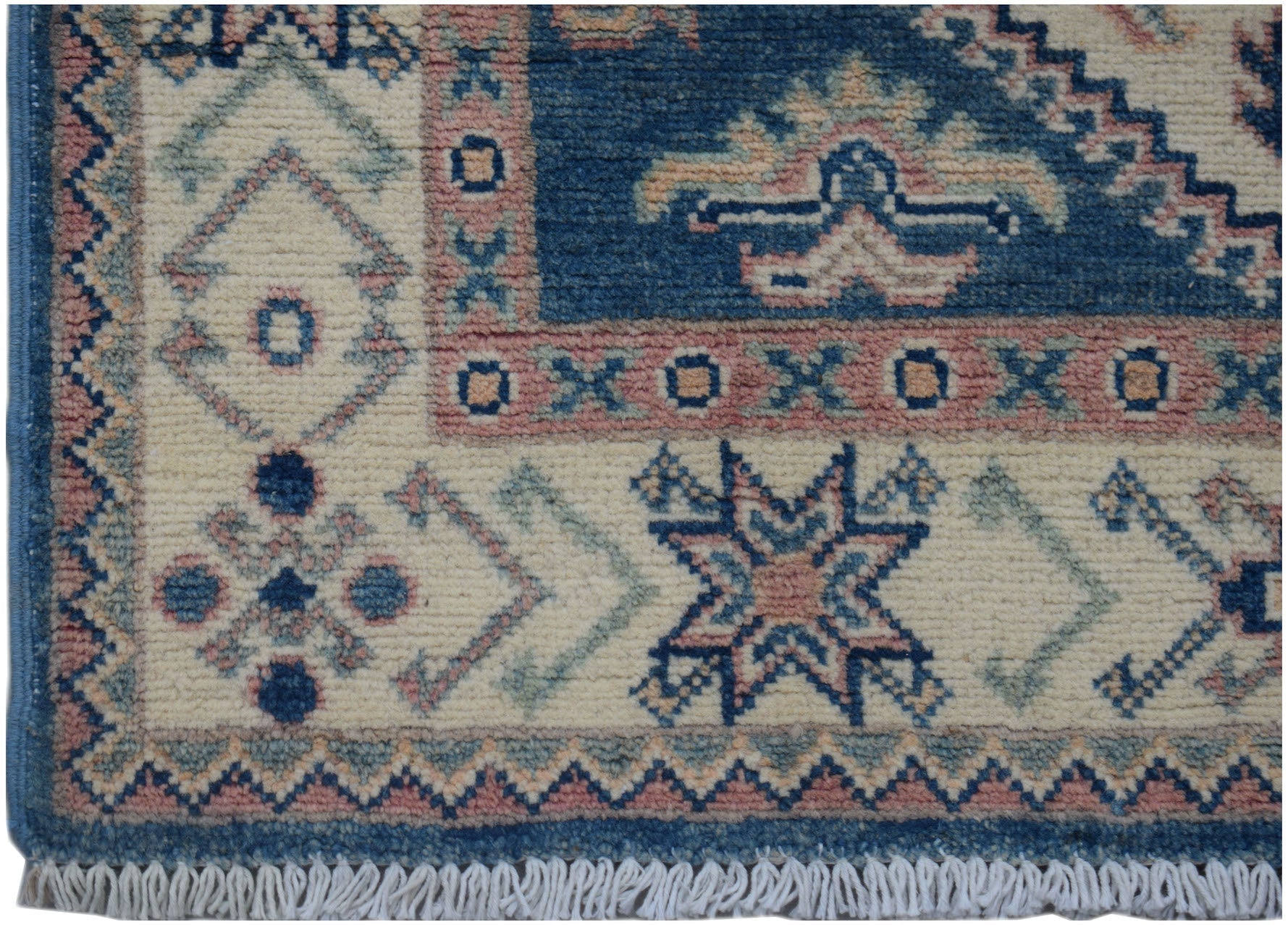 Handmade Afghan Kazakh runner featuring traditional geometric motifs in blue, pink, and cream.