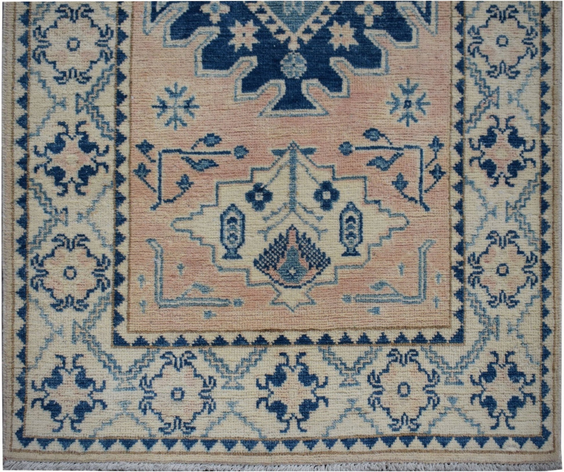 Handmade Afghan Kazakh runner featuring a geometric floral pattern in blue on a beige background.