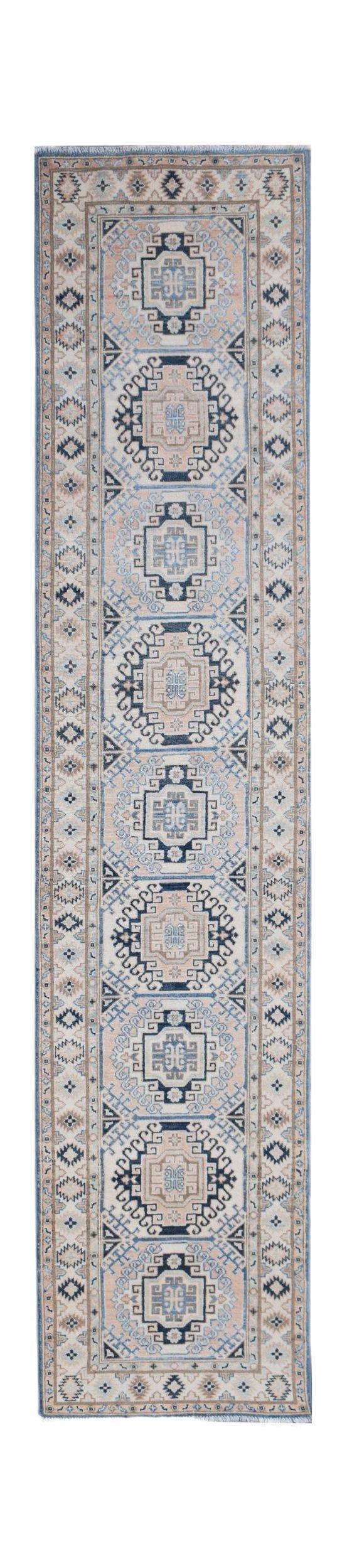 Handmade Afghan Kazakh runner rug featuring a repeating geometric pattern in beige and blue tones.