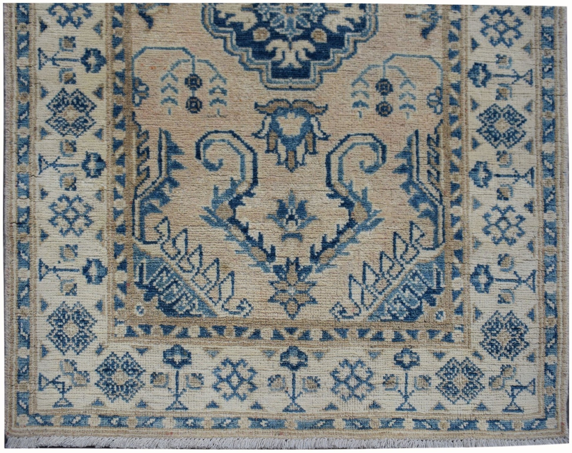 Handmade Afghan Kazakh runner rug featuring a traditional blue and beige geometric pattern.