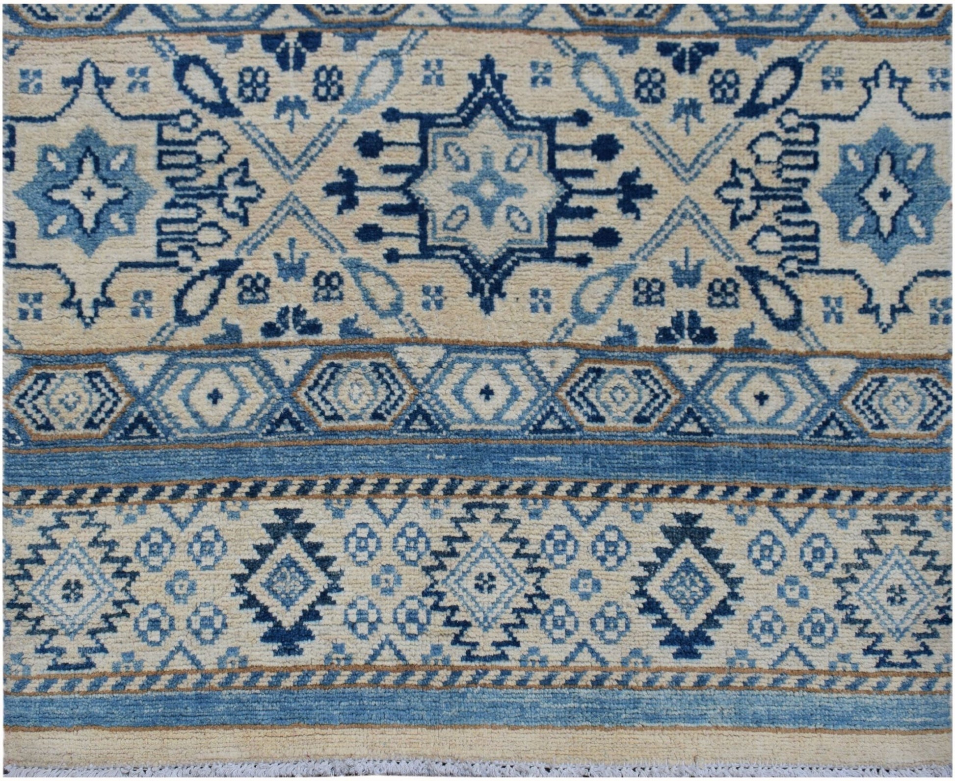 Handmade Afghan Kazakh runner rug featuring geometric blue and beige tribal patterns.