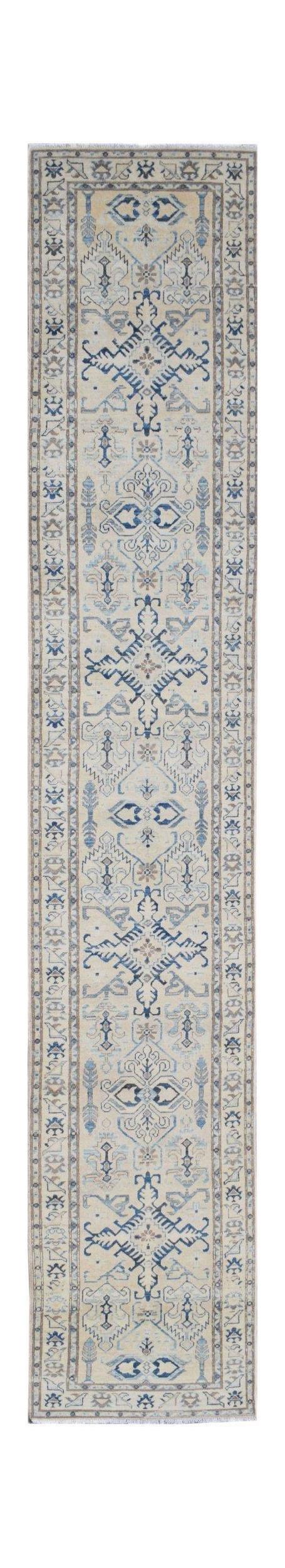 A handmade Afghan Kazakh runner rug featuring a beige field with intricate blue geometric patterns.