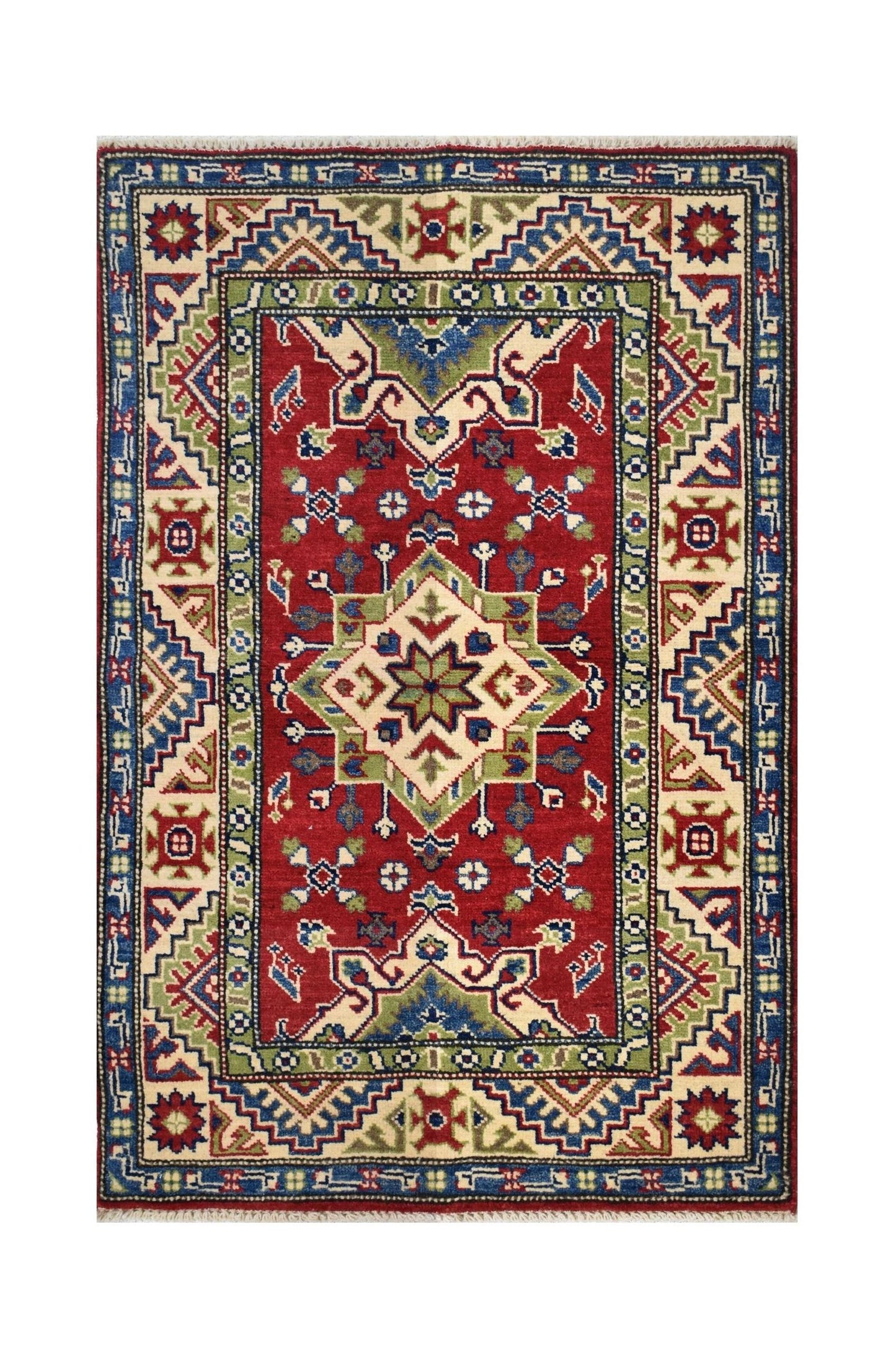 Handmade Afghan Kazakh rug featuring a geometric medallion pattern in red, blue, and green wool.