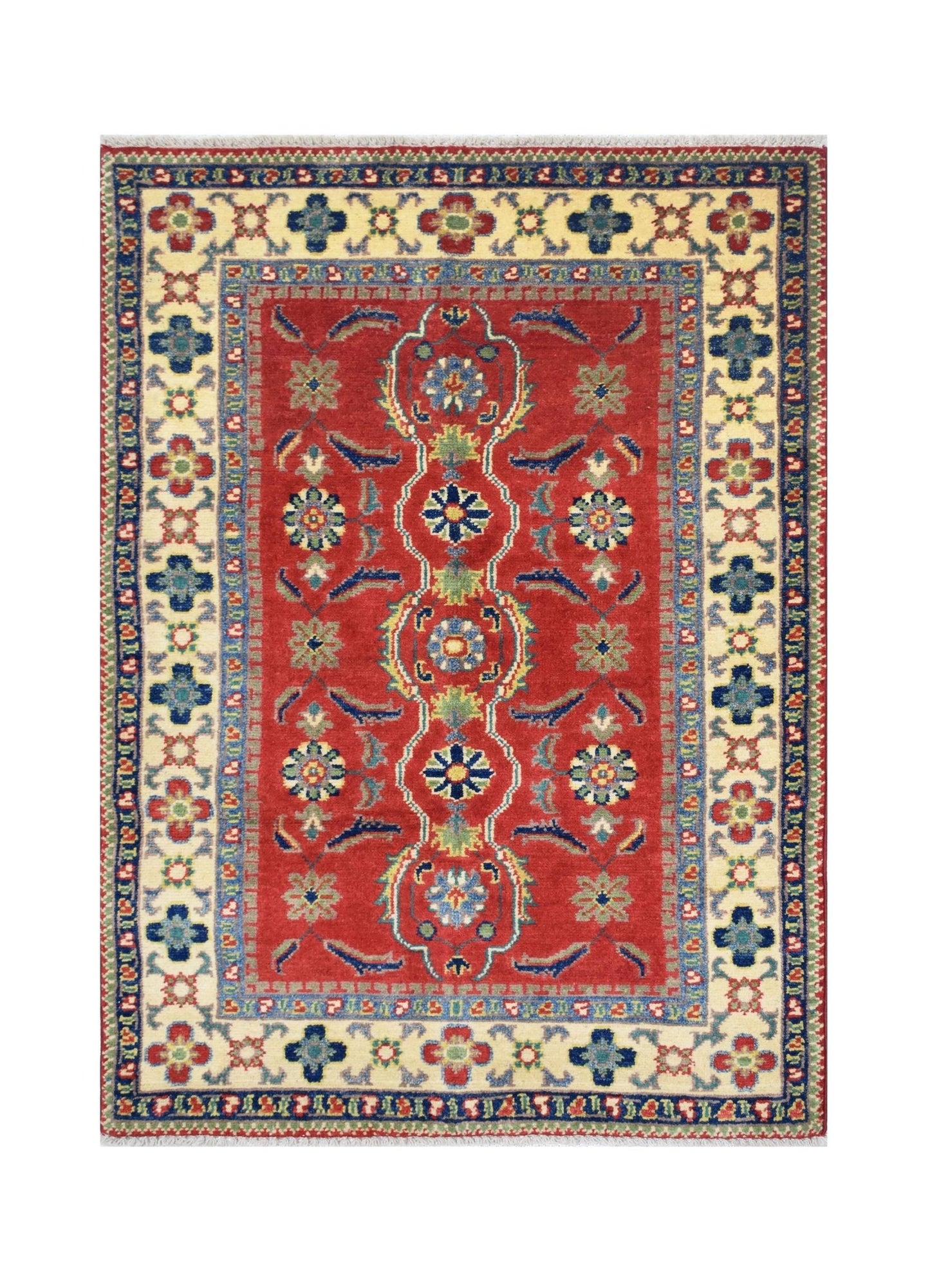 Handmade Afghan Kazakh rug featuring a red field with floral motifs and a cream border.