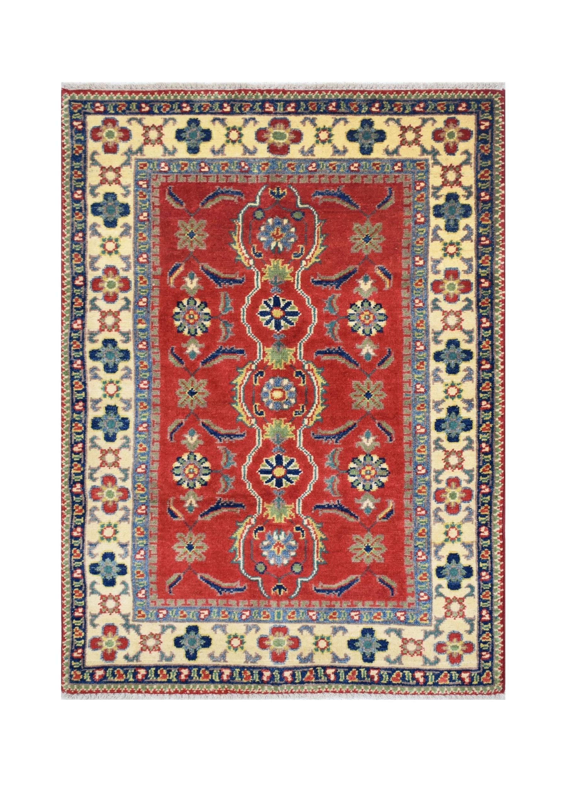Handmade Afghan Kazakh rug featuring a red field with floral motifs and a cream border.