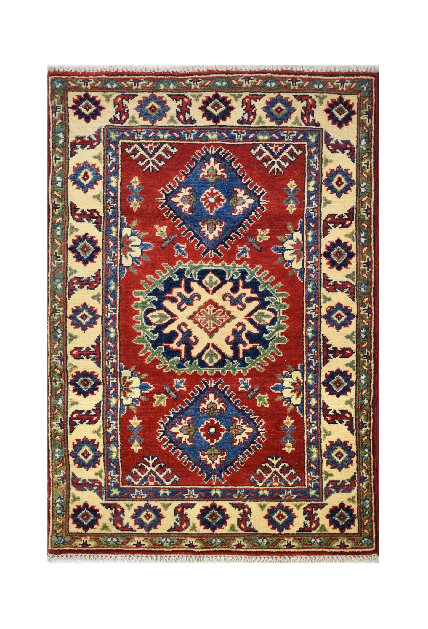 Handmade Afghan Kazakh rug featuring a red field with geometric blue and cream medallions.