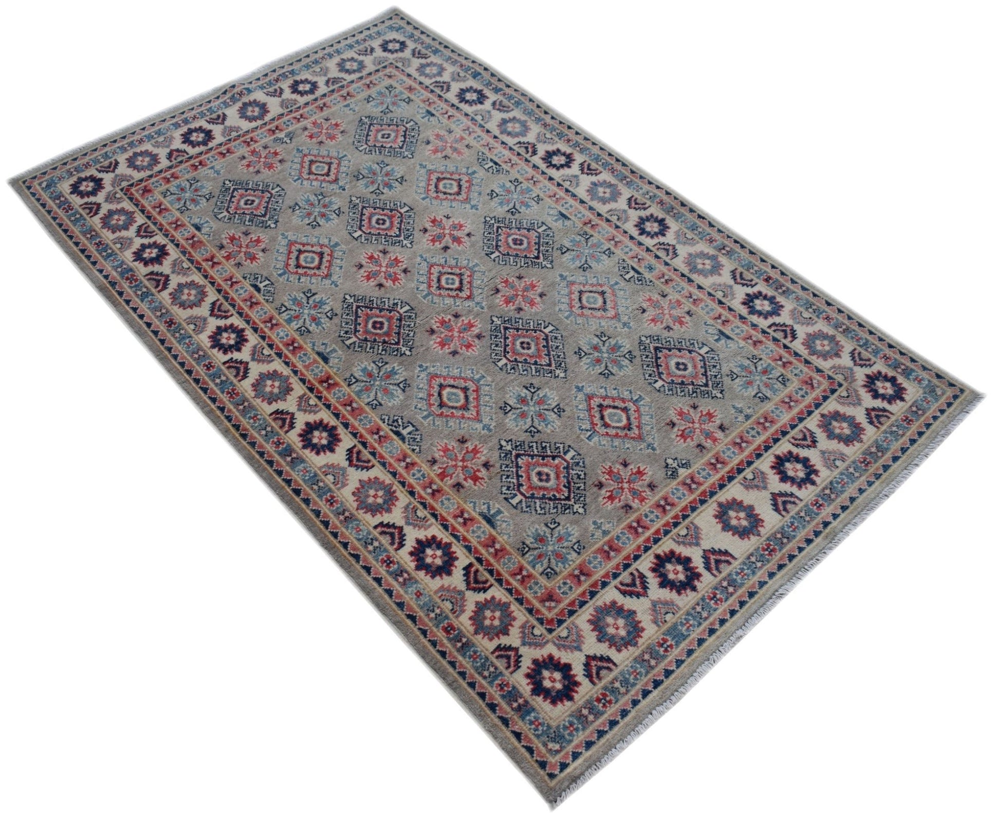 Handmade Afghan Kazakh rug featuring a geometric pattern in red, blue, and grey tones.