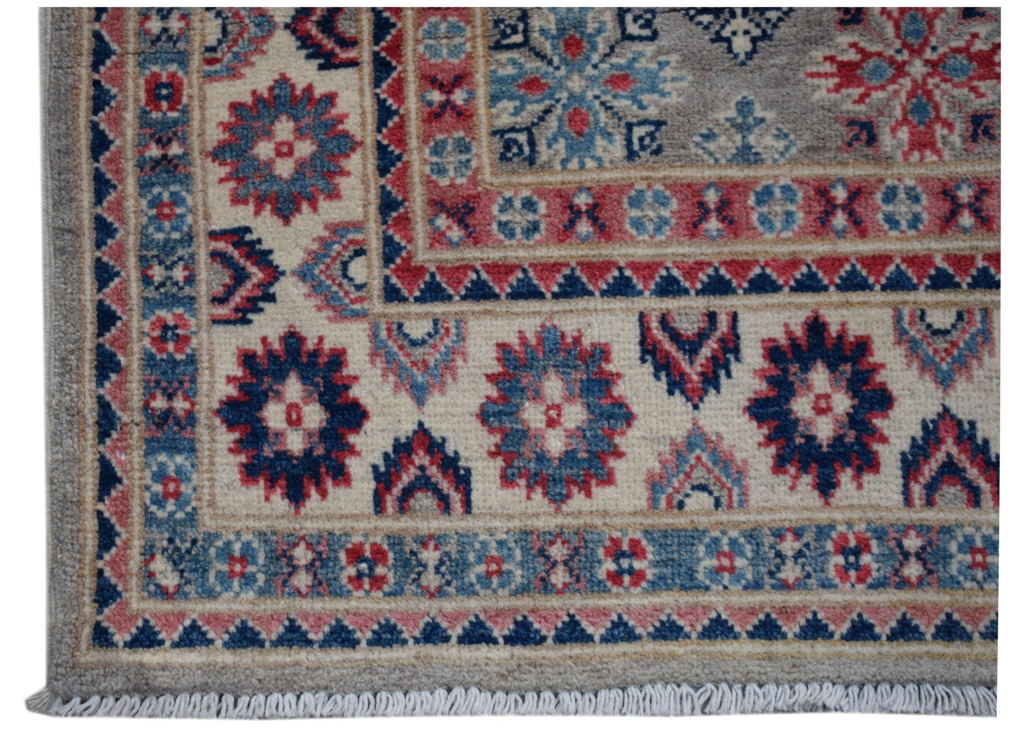 Handmade Afghan Kazakh rug featuring traditional geometric floral motifs in red, blue, and cream.