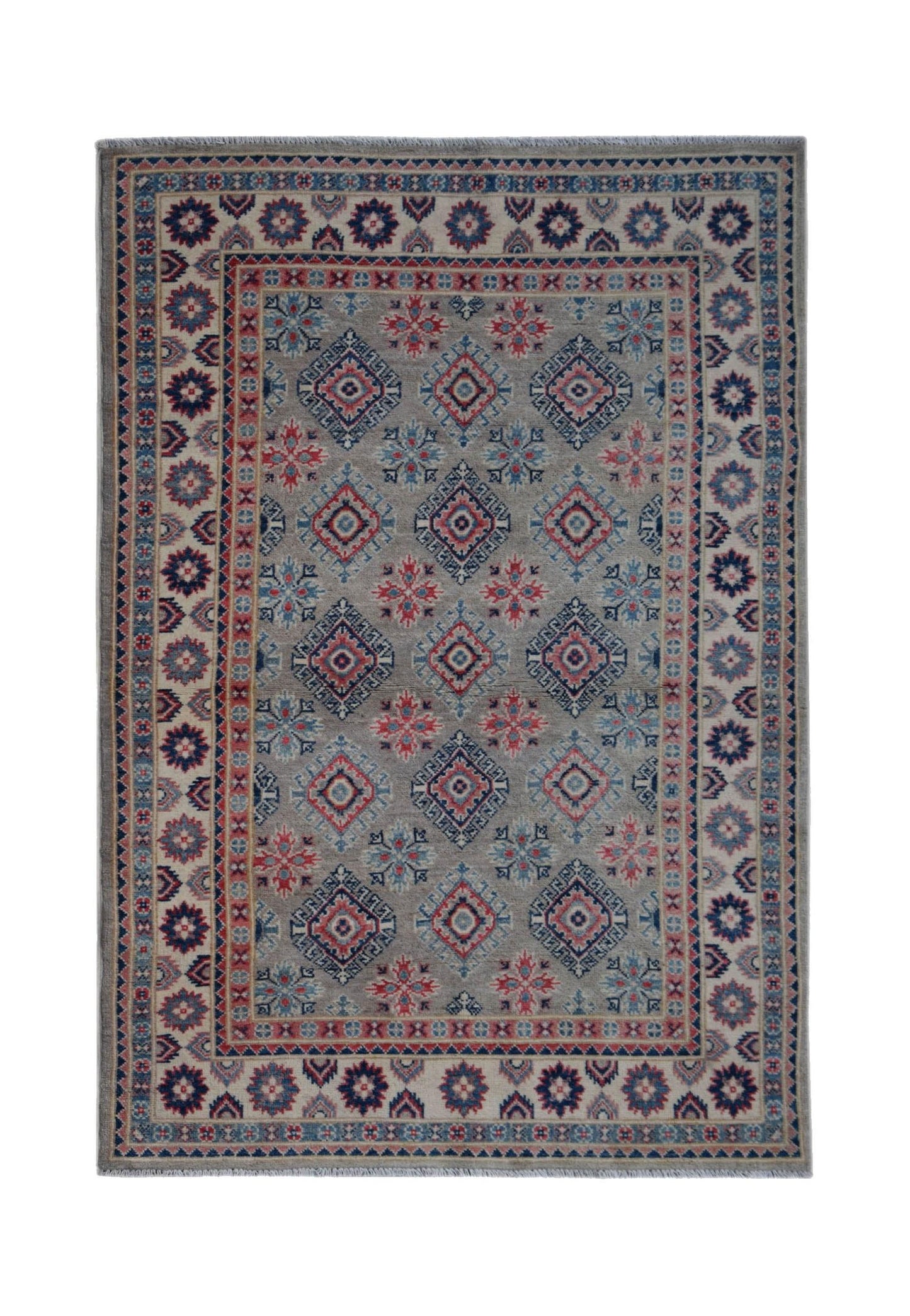 Handmade Afghan Kazakh rug featuring a geometric pattern in red, blue, and cream on a grey field.